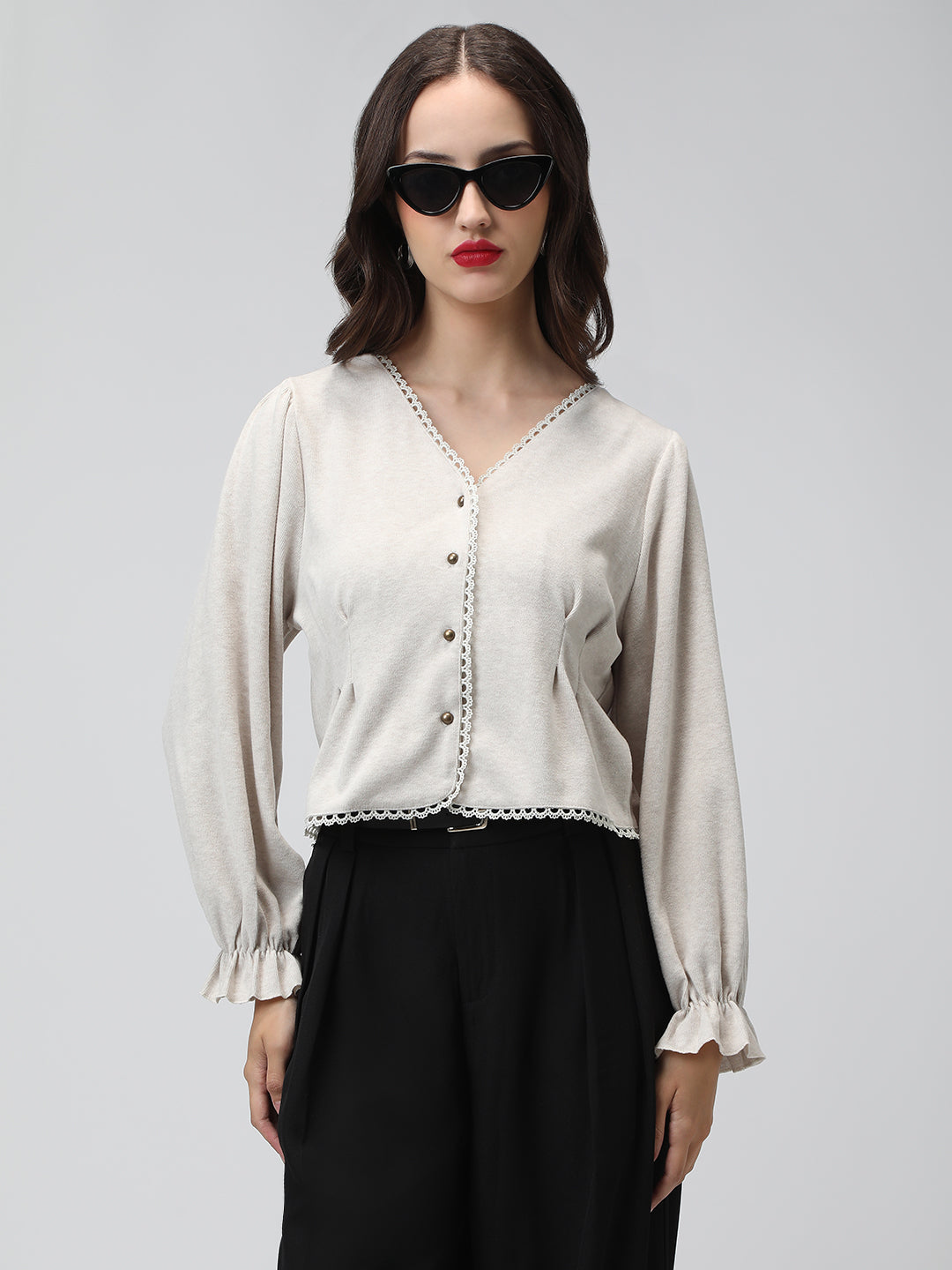 Women's Grey V-Neck Button Down Long Sleeve Crop Top with Trim Detail