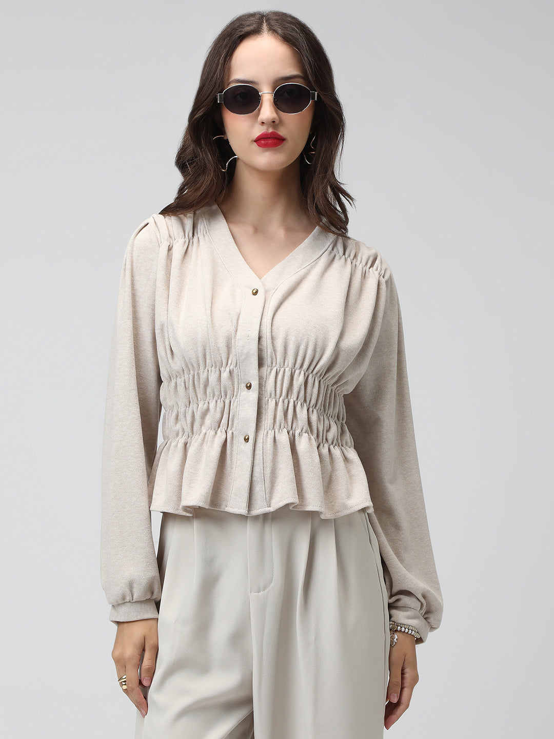 Women's Beige V-Neck Long Sleeve Smocked Top