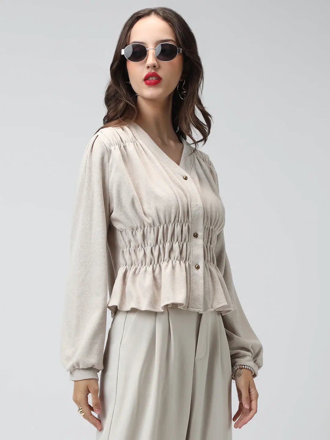 Women's Beige V-Neck Long Sleeve Smocked Top - from SHOWOFFFF