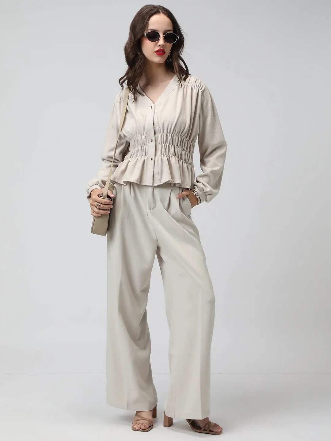 Women's Beige V-Neck Long Sleeve Smocked Top - from SHOWOFFFF