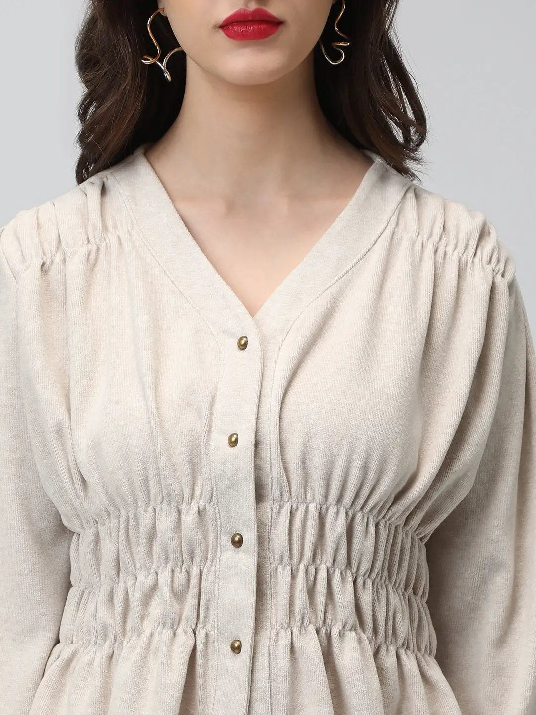Women's Beige V-Neck Long Sleeve Smocked Top - from SHOWOFFFF