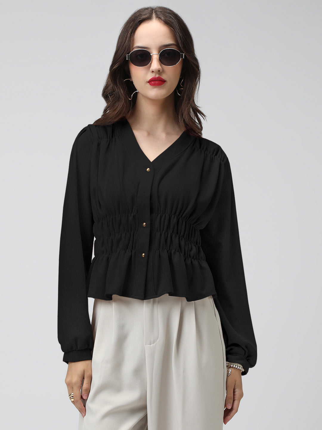 Women's Black V-Neck Long Sleeve Smocked Top