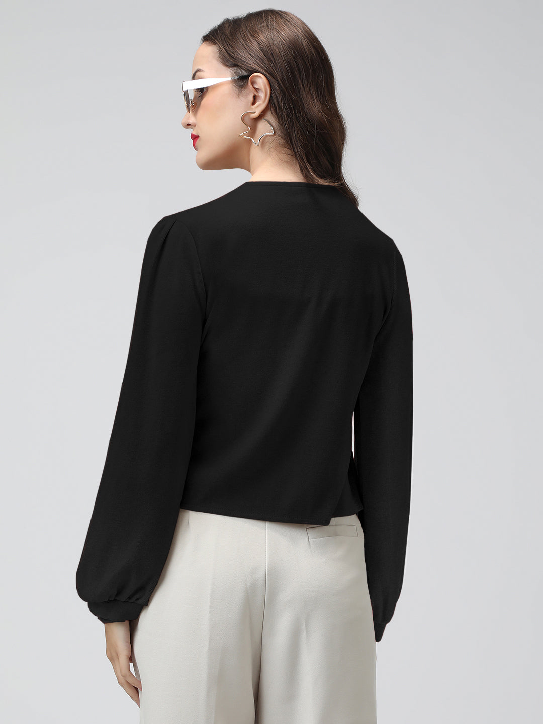 Women's Black V-Neck Long Sleeve Smocked Top