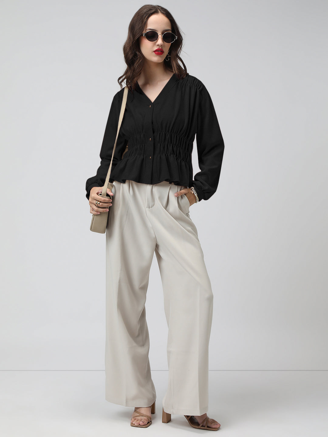 Women's Black V-Neck Long Sleeve Smocked Top