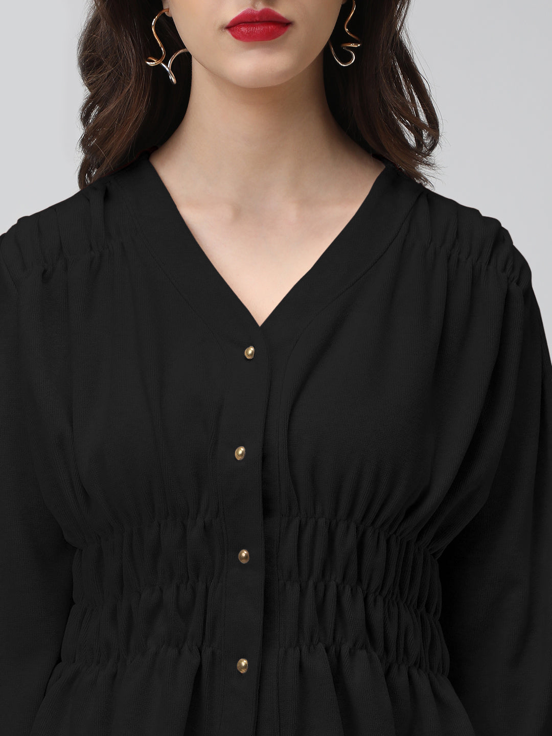 Women's Black V-Neck Long Sleeve Smocked Top