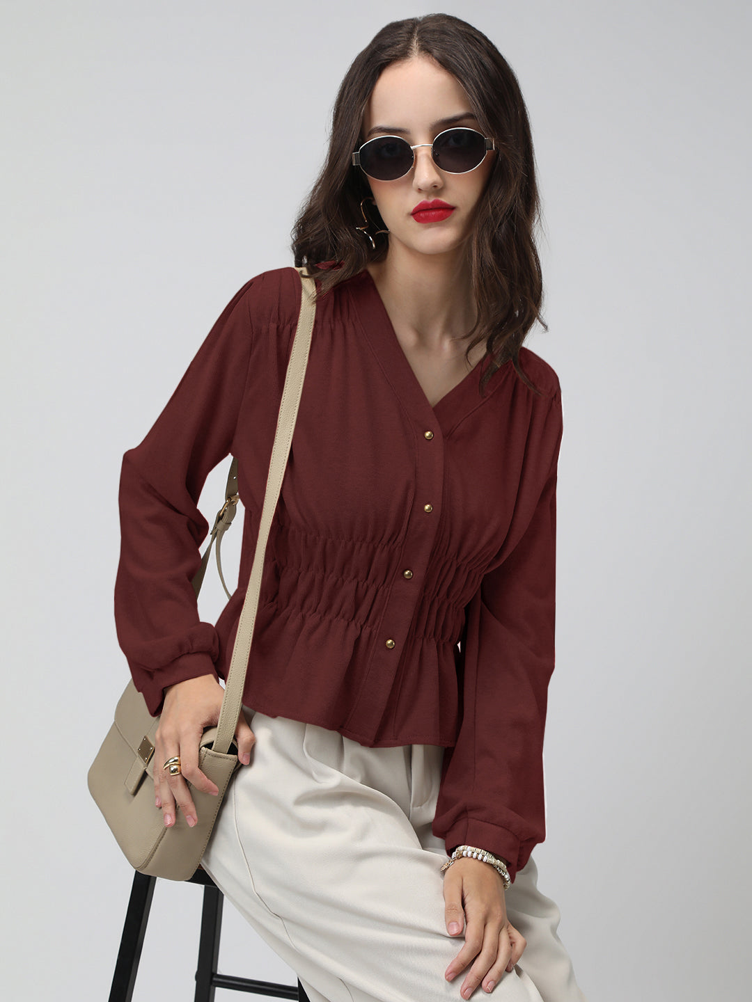 Women's Maroon V-Neck Long Sleeve Smocked Top
