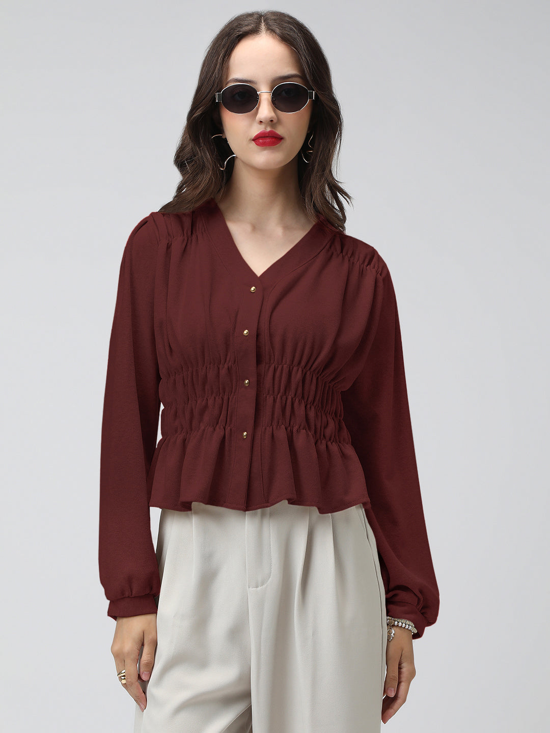 Women's Maroon V-Neck Long Sleeve Smocked Top