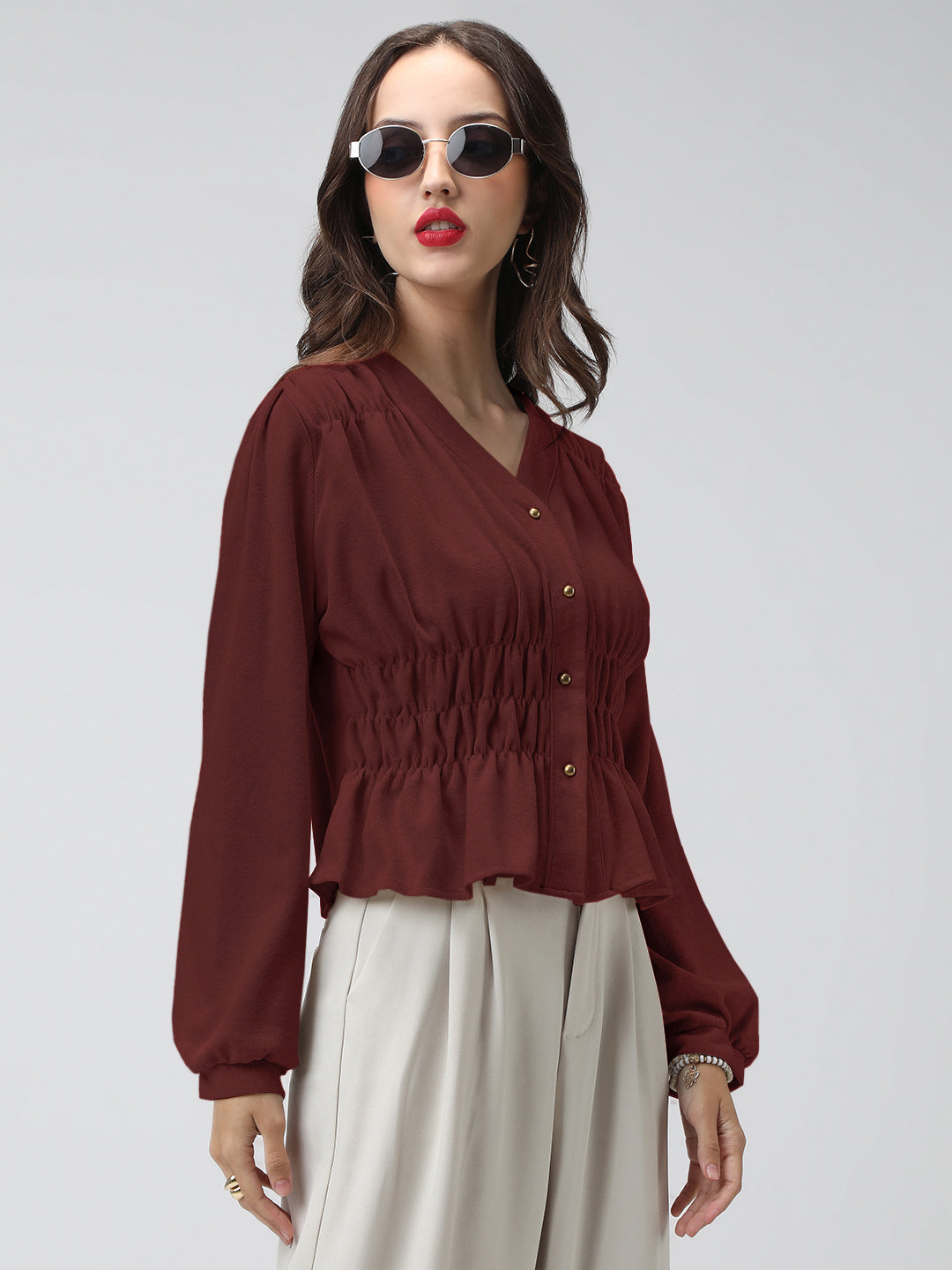 Women's Maroon V-Neck Long Sleeve Smocked Top