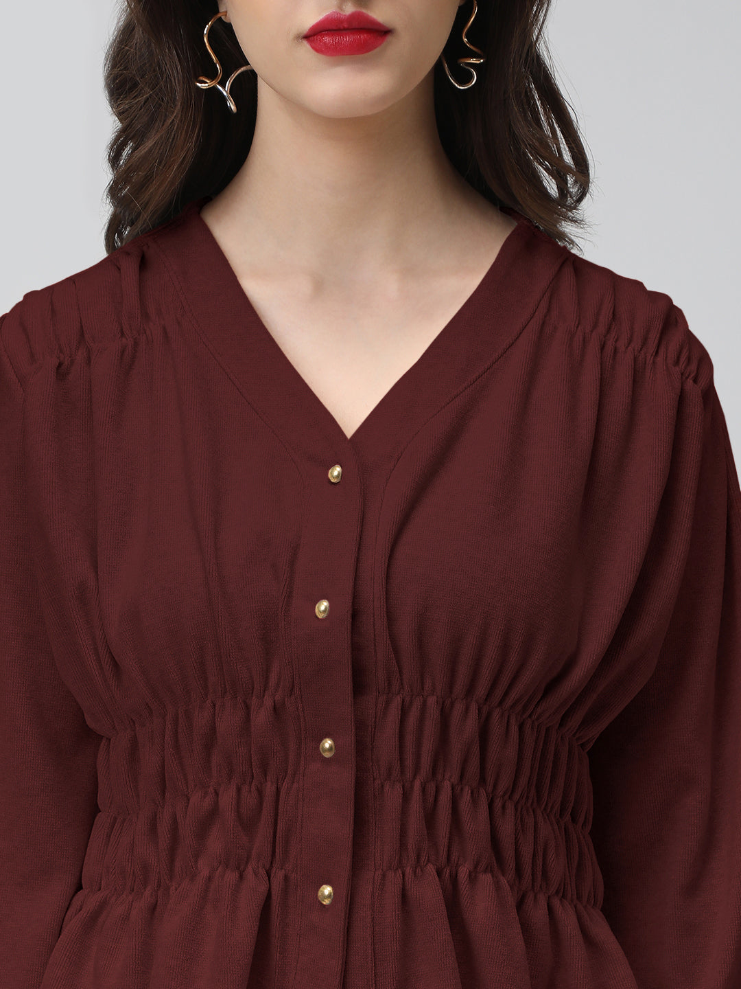 Women's Maroon V-Neck Long Sleeve Smocked Top
