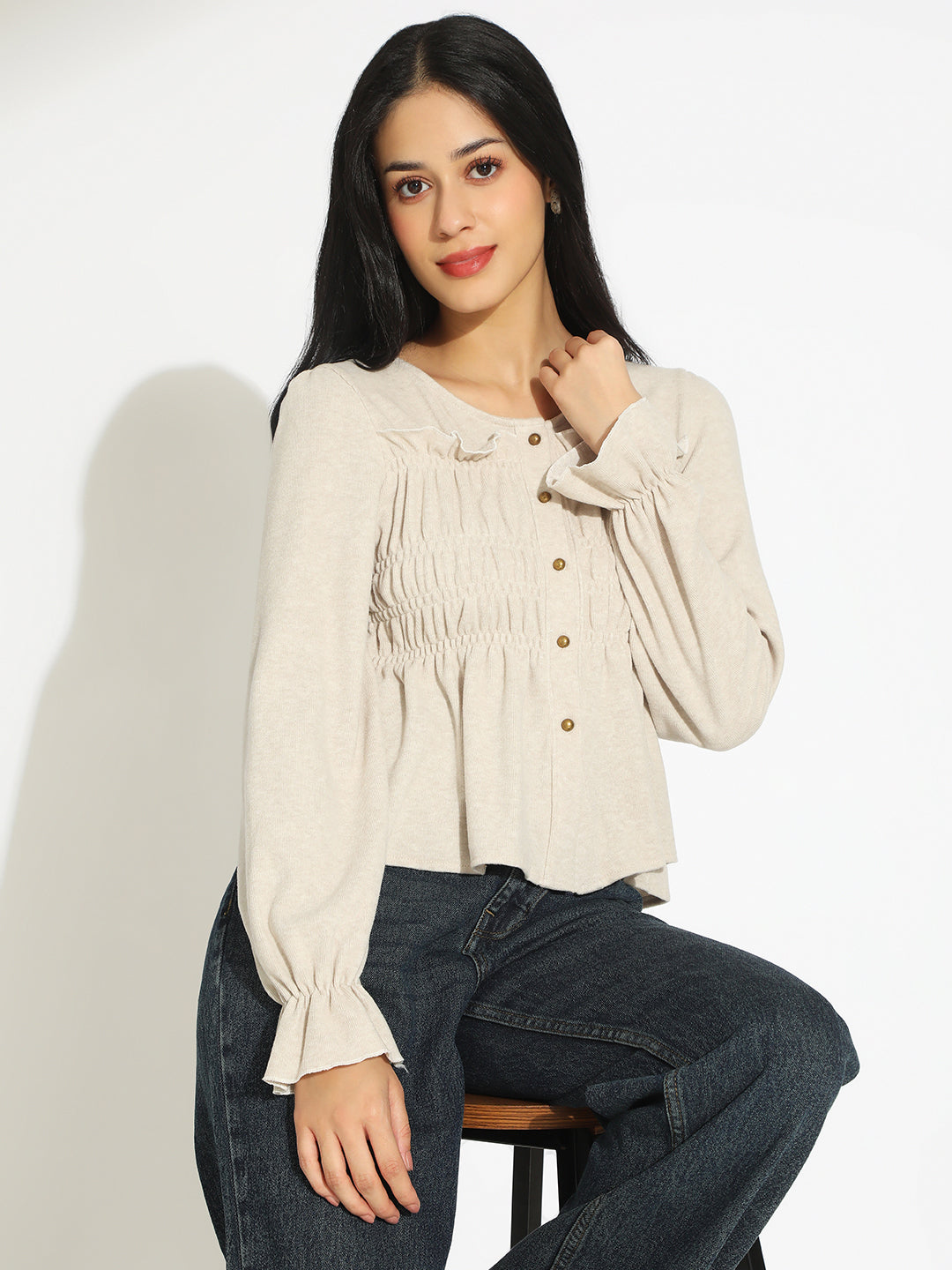 Women's Beige V-Neck Long Sleeve Smocked Top