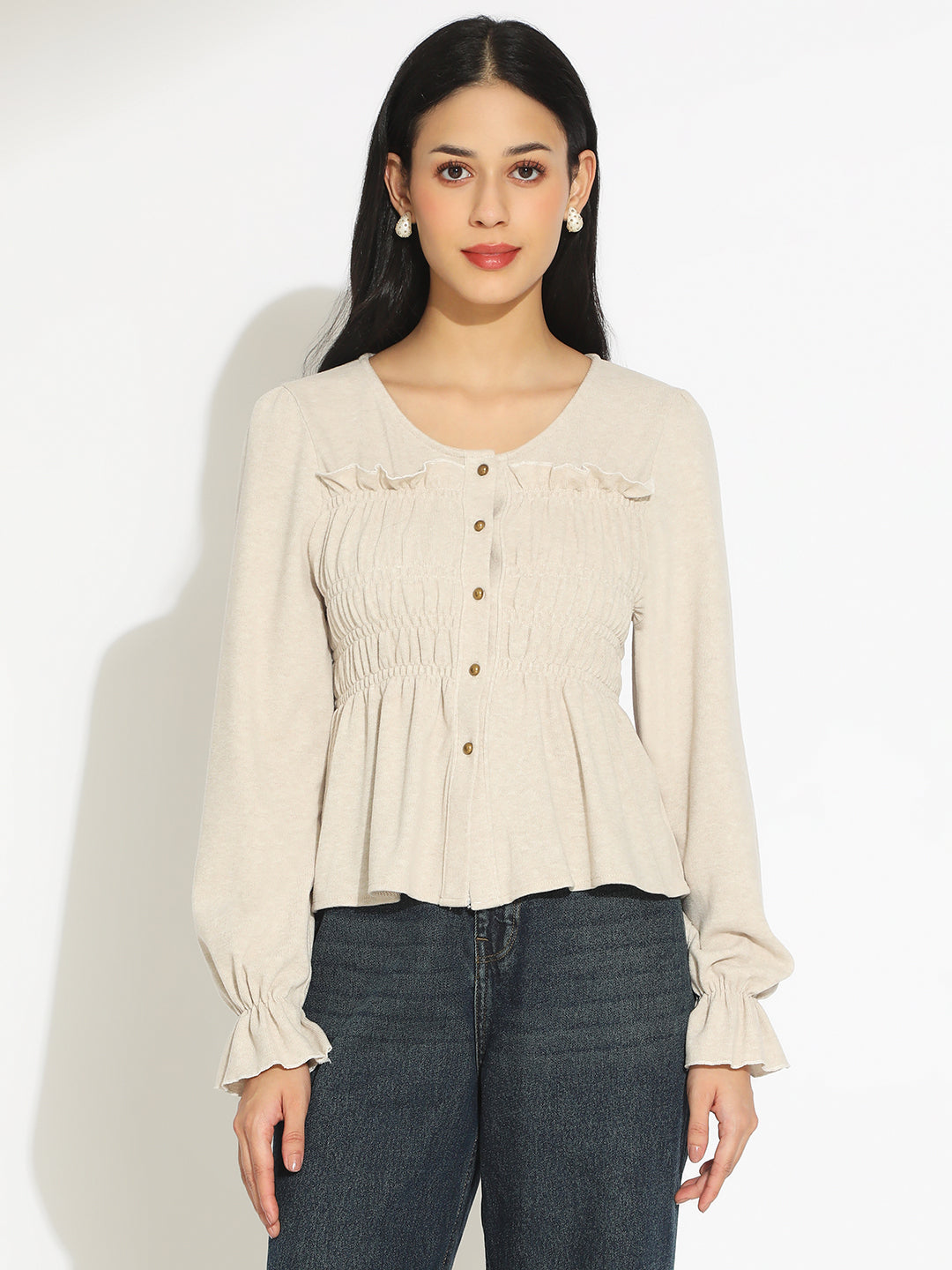 Women's Beige V-Neck Long Sleeve Smocked Top