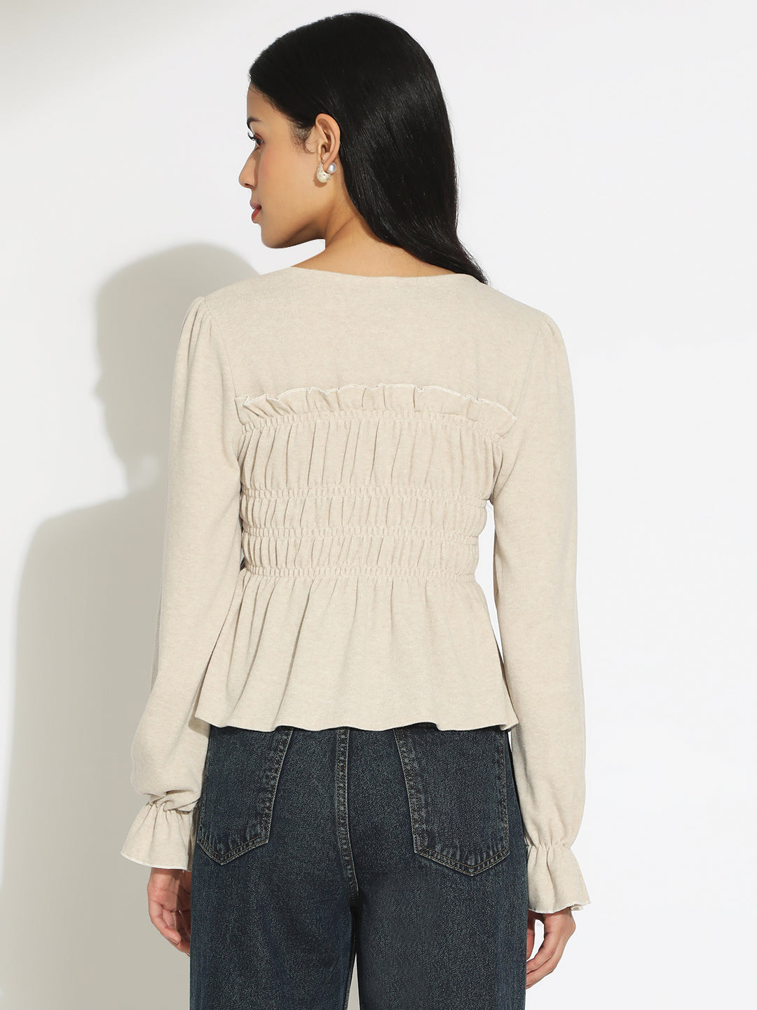 Women's Beige V-Neck Long Sleeve Smocked Top