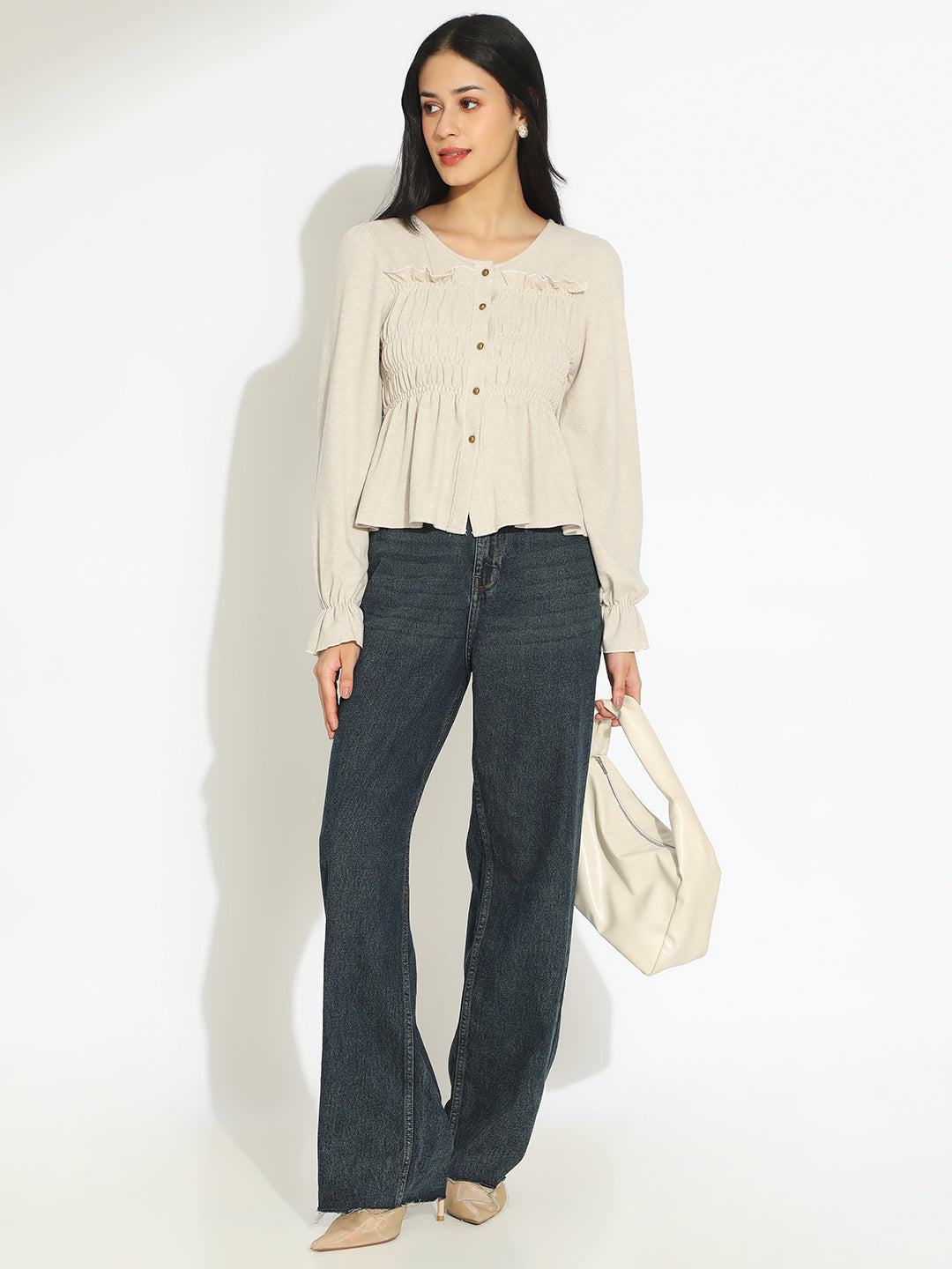 Women's Beige V-Neck Long Sleeve Smocked Top