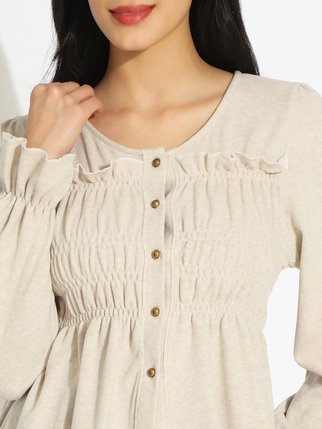 Women's Beige V-Neck Long Sleeve Smocked Top