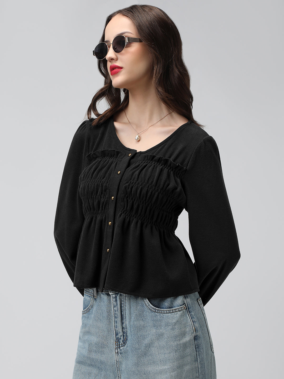 Women's Black V-Neck Long Sleeve Smocked Top