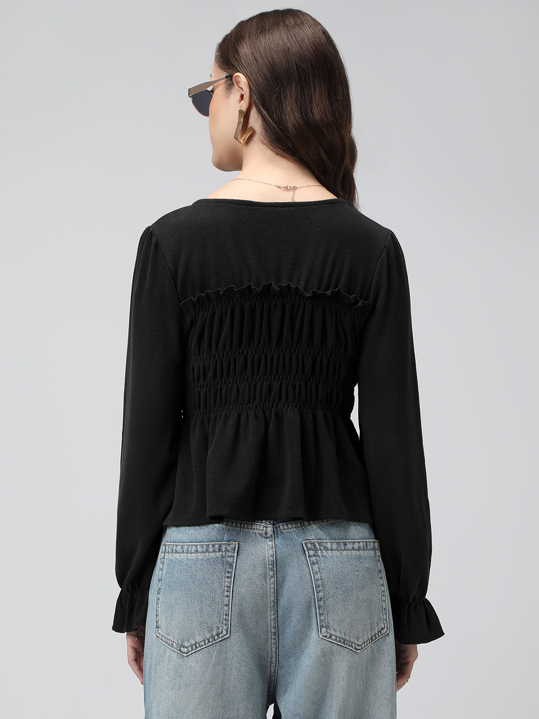 Women's Black V-Neck Long Sleeve Smocked Top