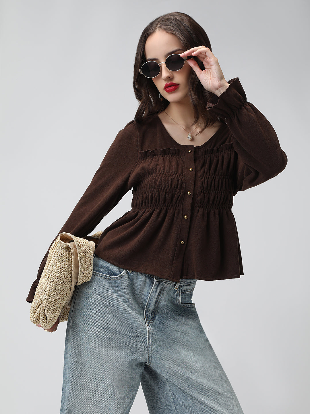 Women's Brown V-Neck Long Sleeve Smocked Top