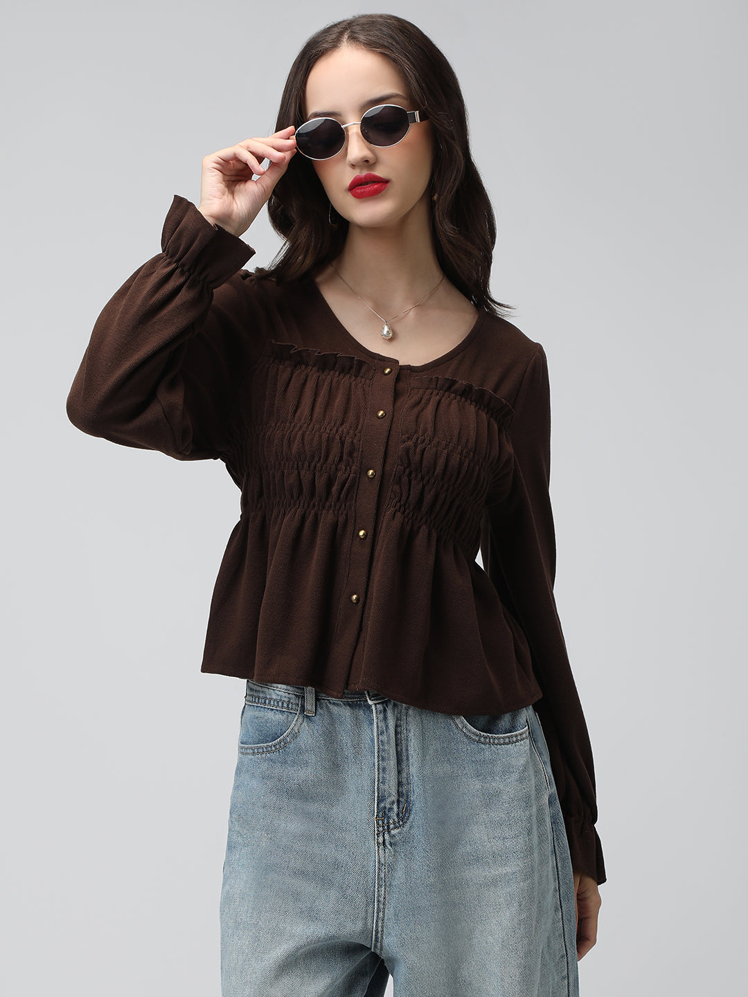 Women's Brown V-Neck Long Sleeve Smocked Top