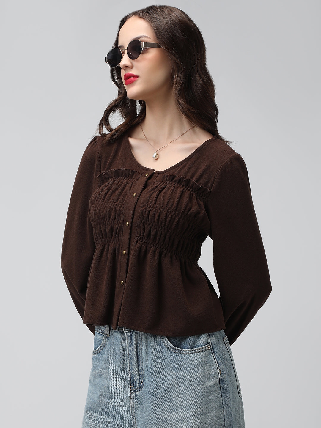Women's Brown V-Neck Long Sleeve Smocked Top