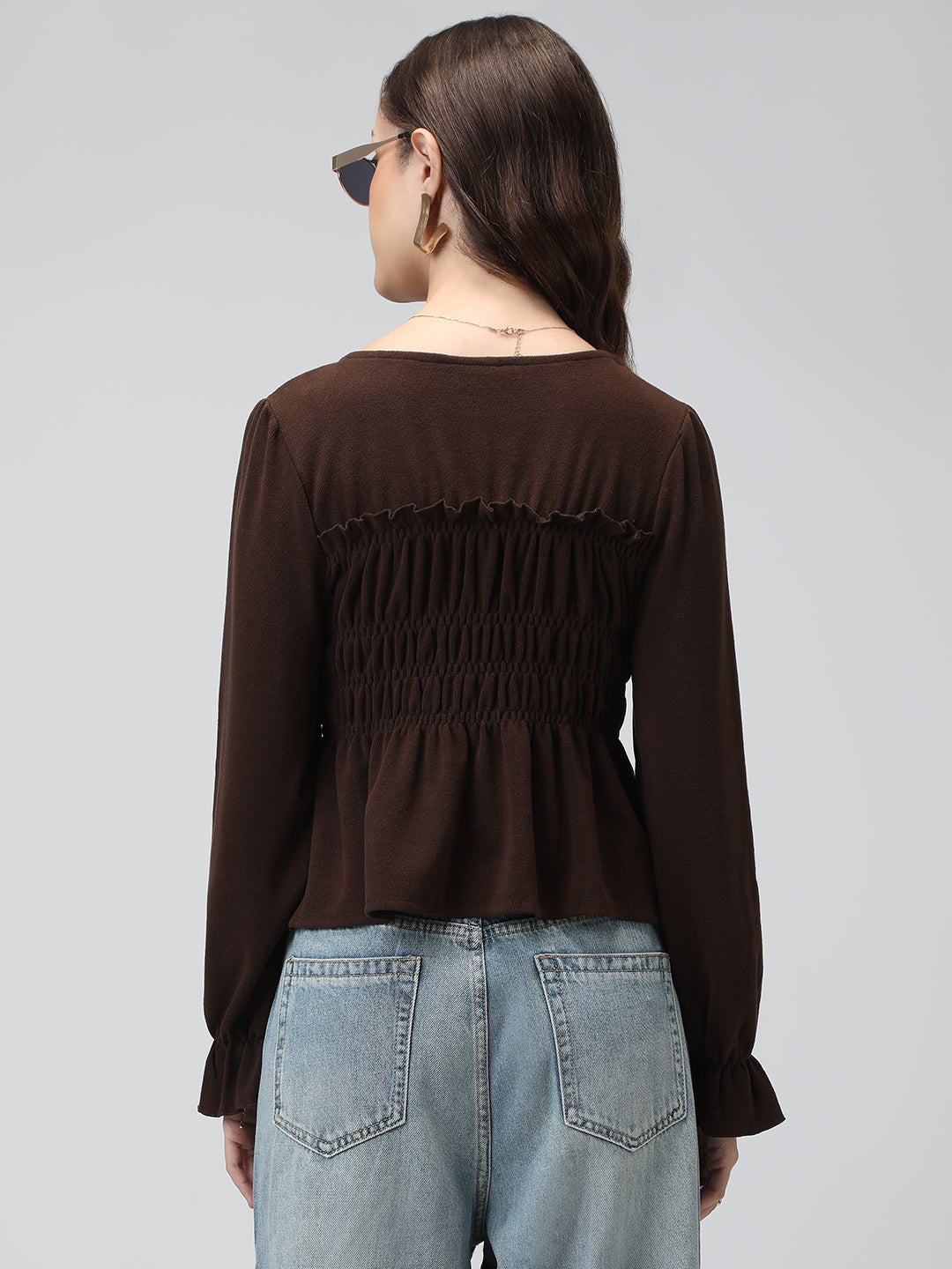 Women's Brown V-Neck Long Sleeve Smocked Top