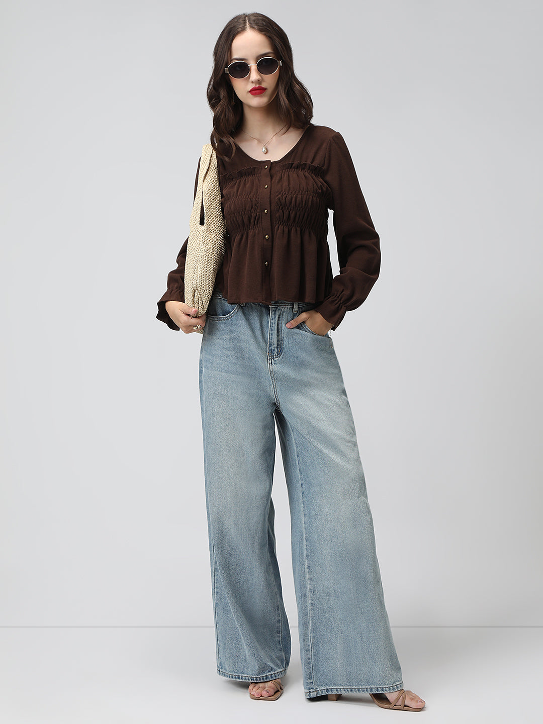 Women's Brown V-Neck Long Sleeve Smocked Top