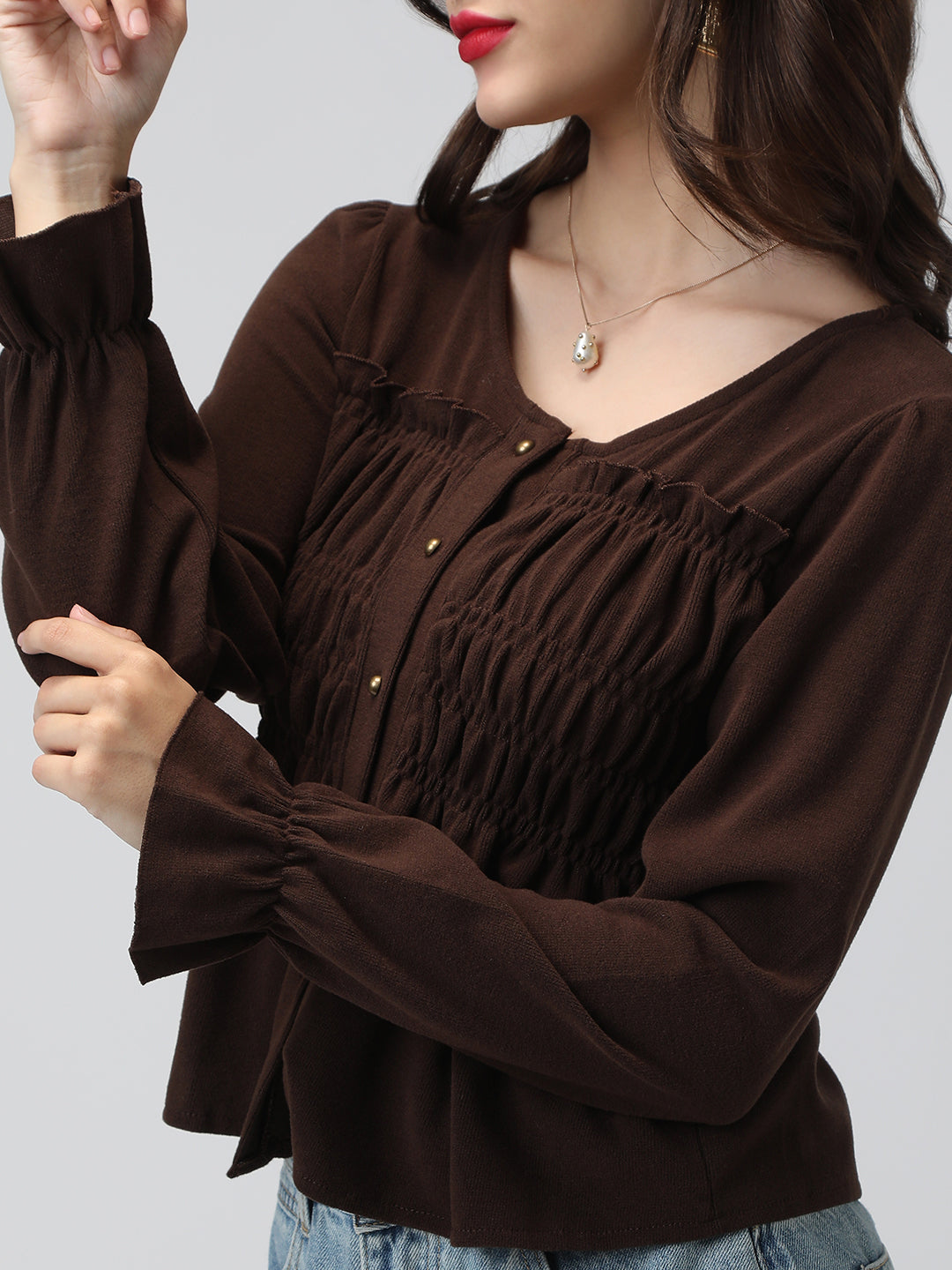 Women's Brown V-Neck Long Sleeve Smocked Top