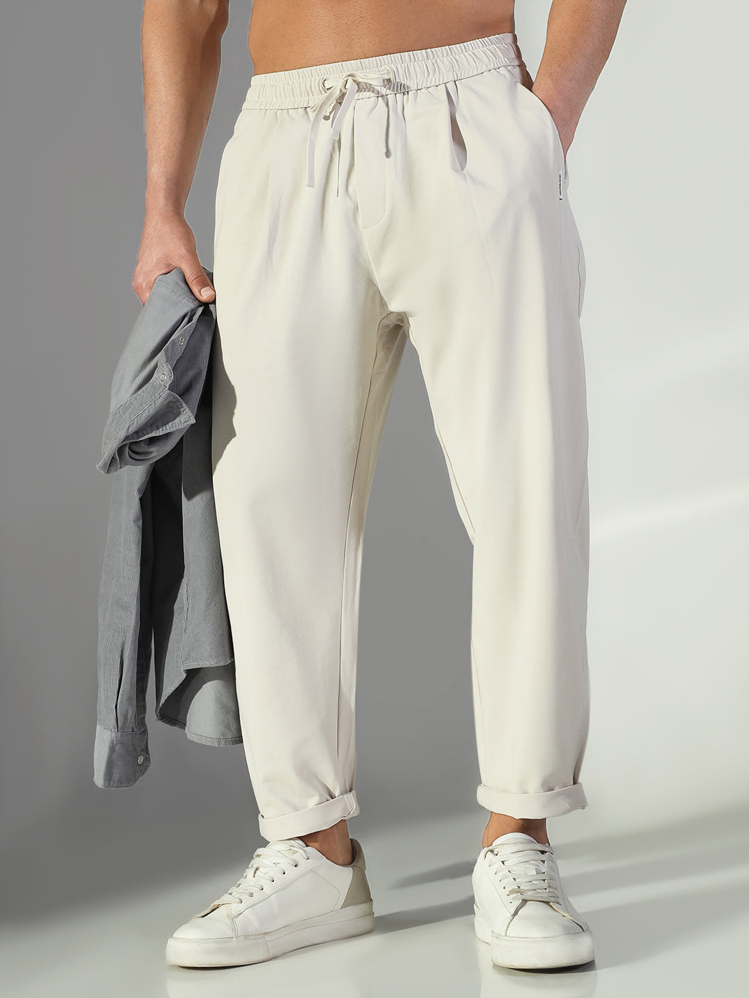 Men Cream Solid Korean Trousers