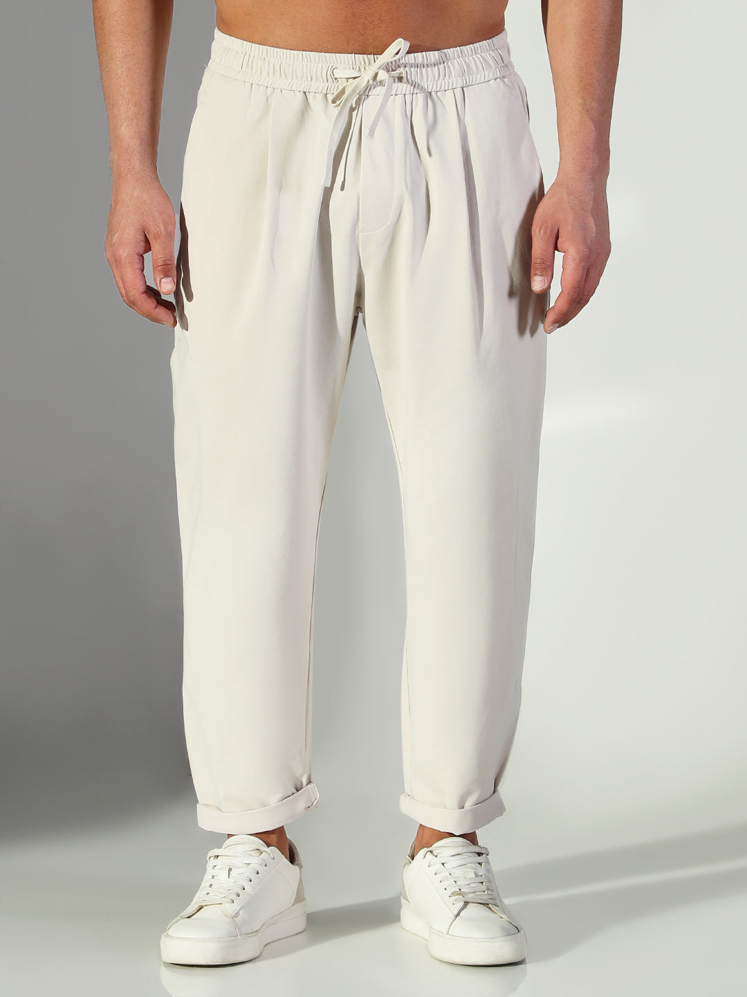 Men Cream Solid Korean Trousers