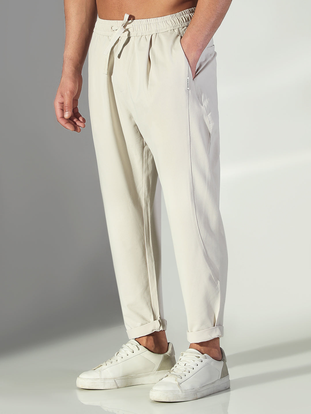 Men Cream Solid Korean Trousers