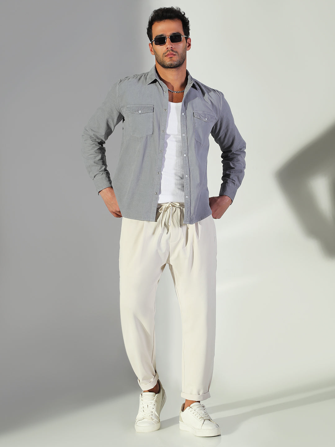 Men Cream Solid Korean Trousers