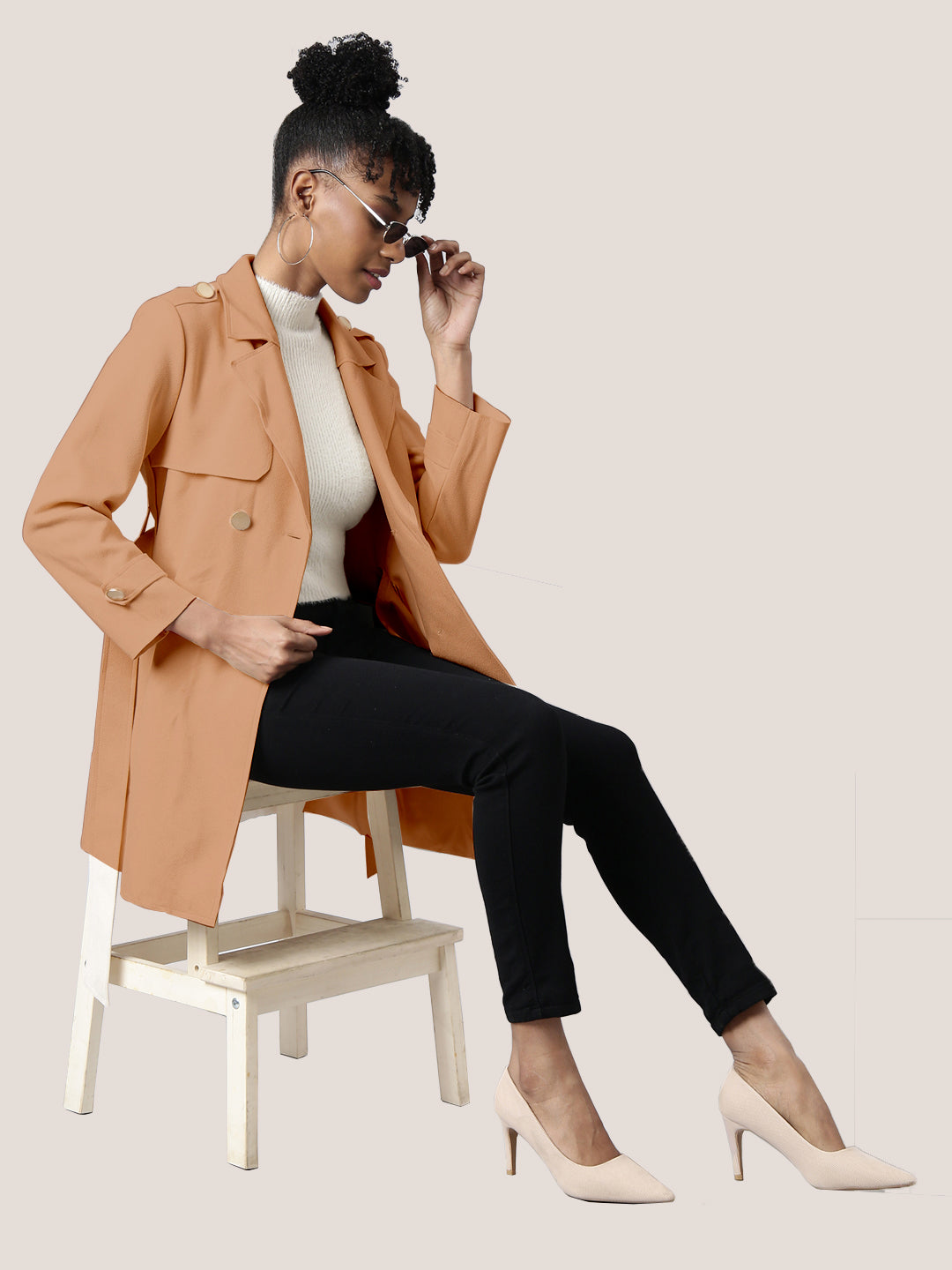 Women Solid Brown Longline Trench Coat with Belt