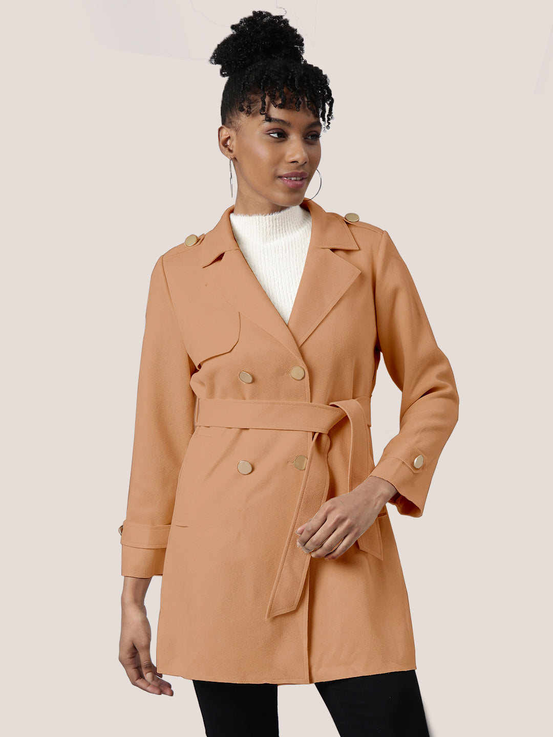 Women Solid Brown Longline Trench Coat with Belt