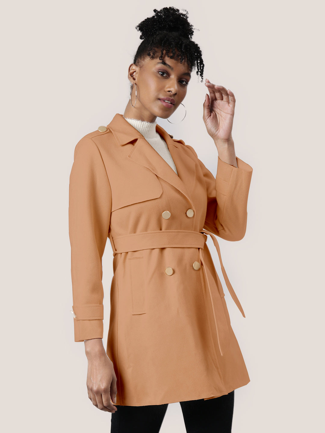 Women Solid Brown Longline Trench Coat with Belt