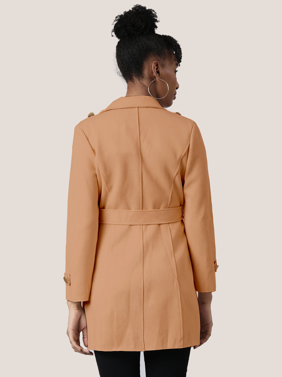 Women Solid Brown Longline Trench Coat with Belt