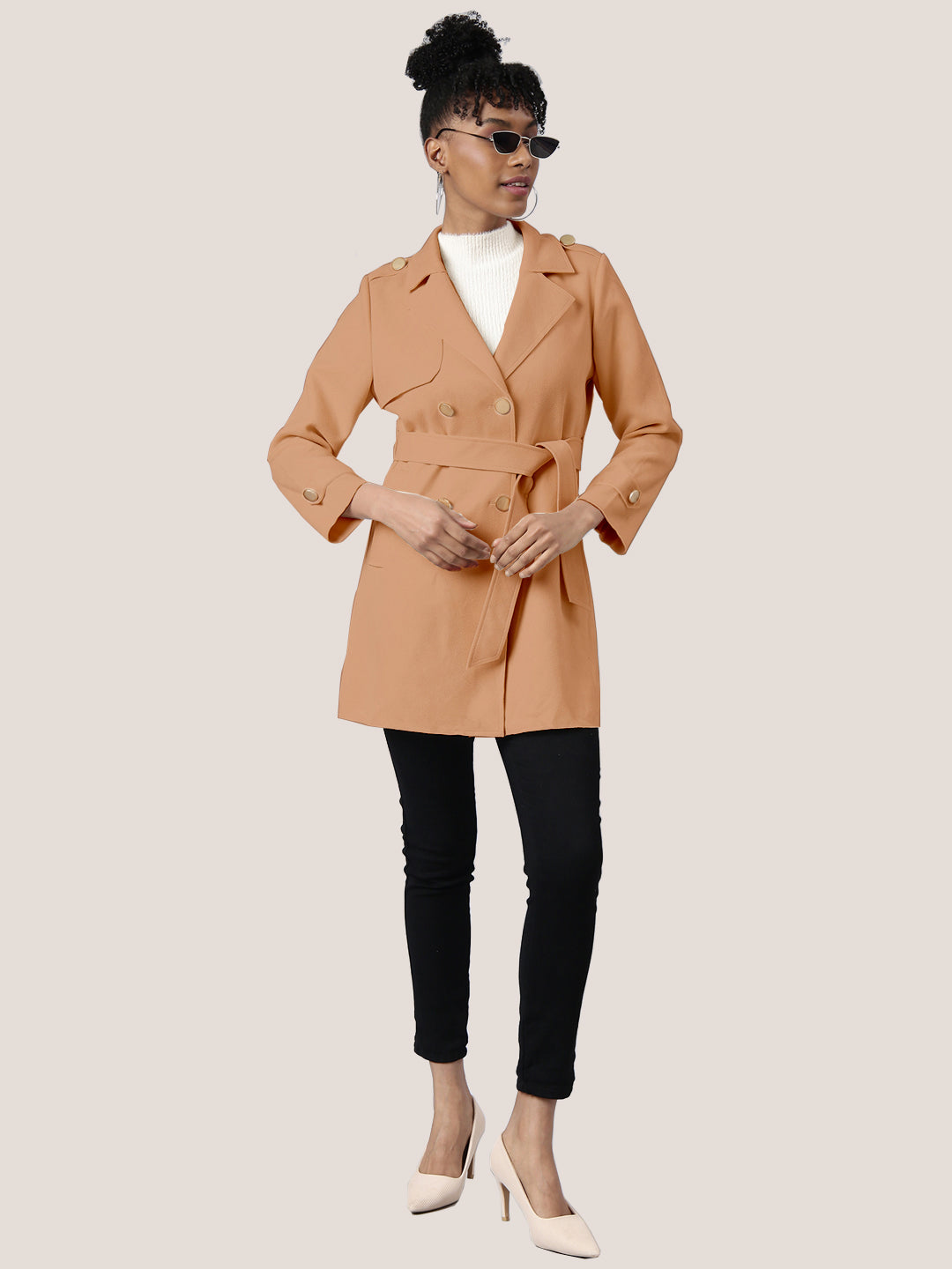 Women Solid Brown Longline Trench Coat with Belt