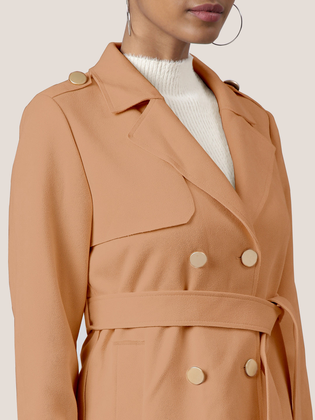 Women Solid Brown Longline Trench Coat with Belt