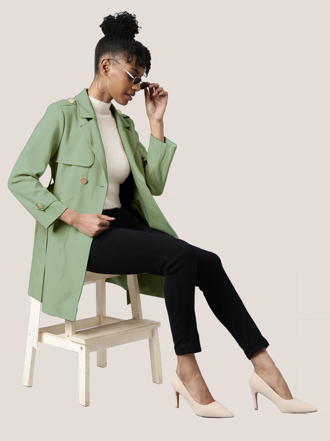 Women Solid Green Longline Trench Coat with Belt