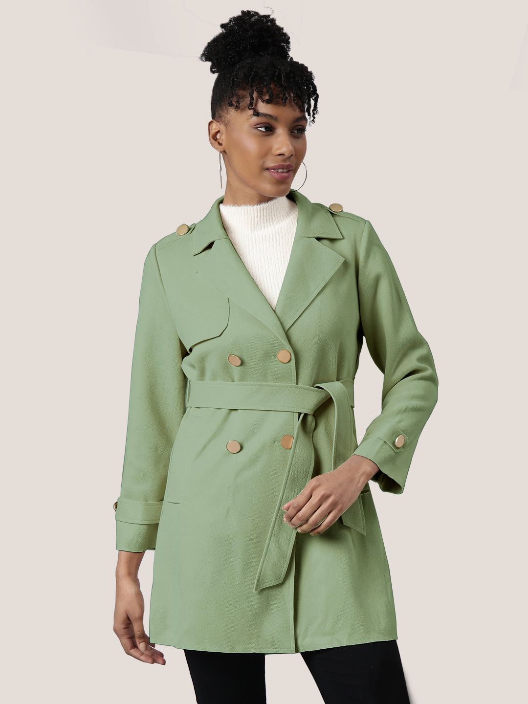 Women Solid Green Longline Trench Coat with Belt