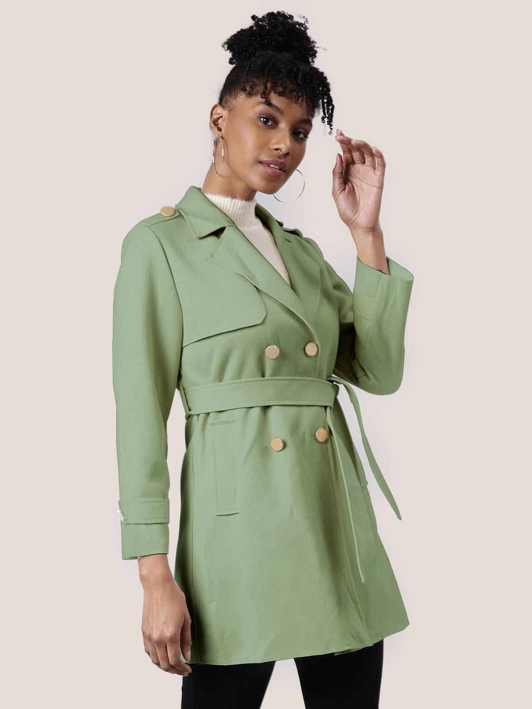 Women Solid Green Longline Trench Coat with Belt