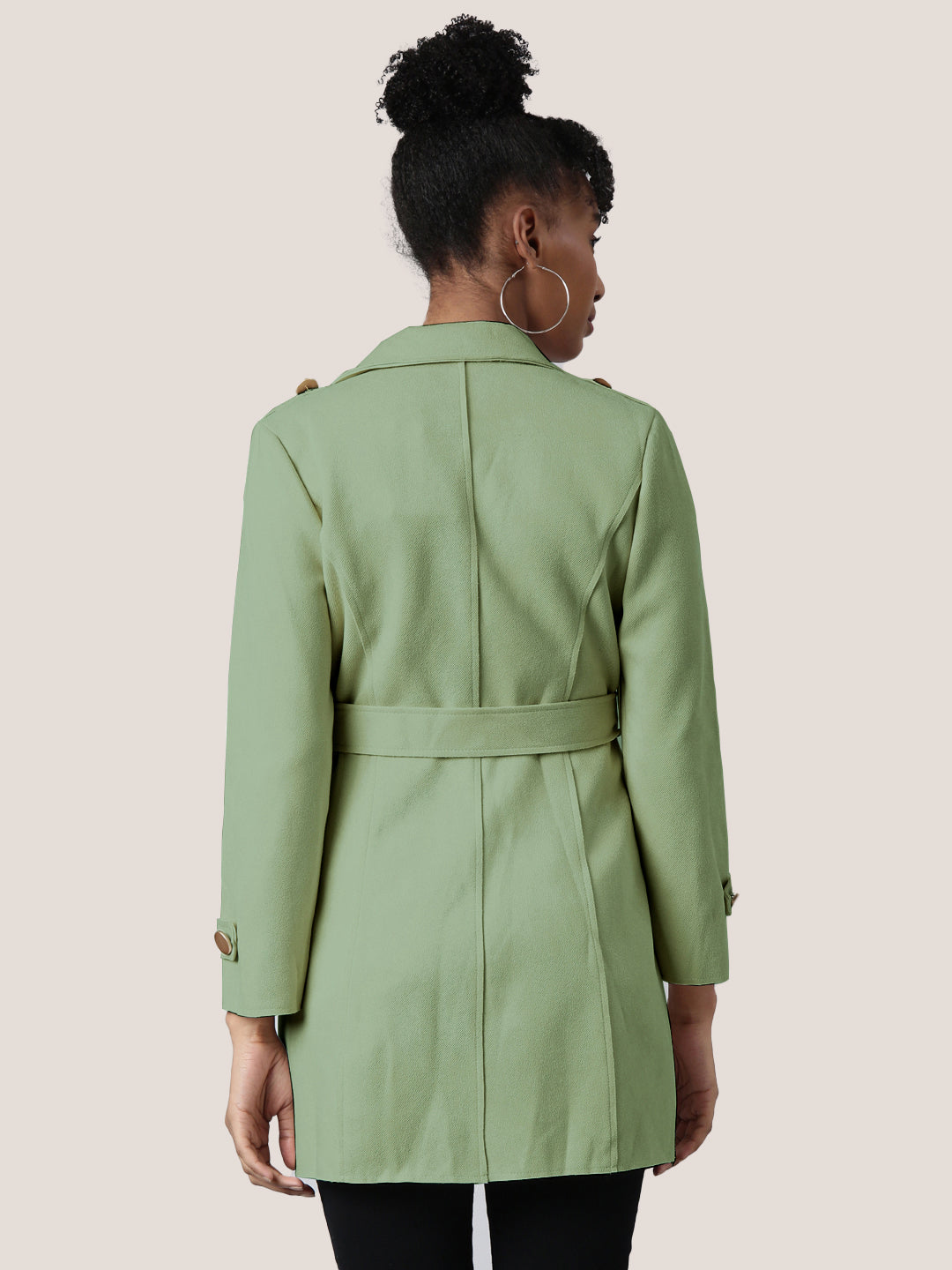 Women Solid Green Longline Trench Coat with Belt