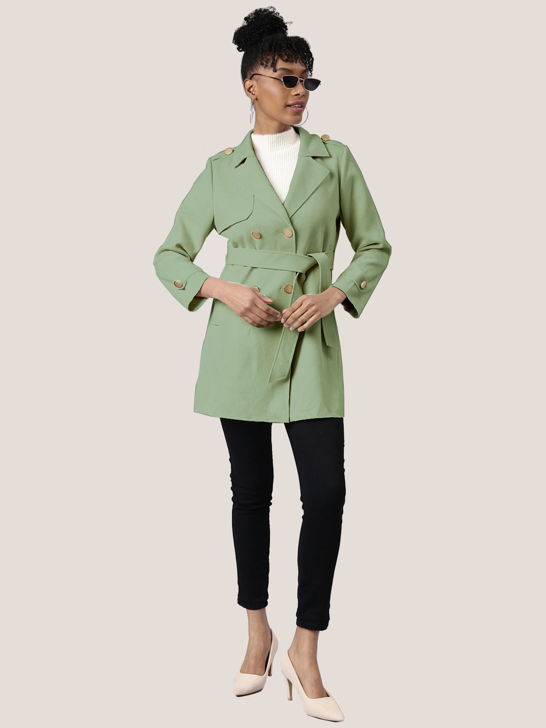 Women Solid Green Longline Trench Coat with Belt