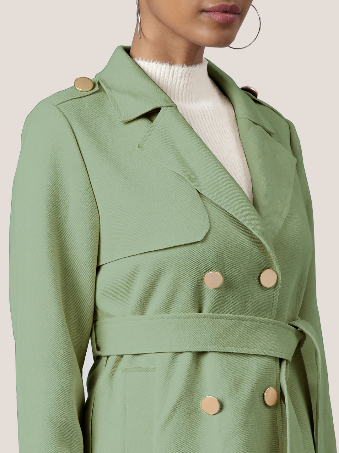 Women Solid Green Longline Trench Coat with Belt