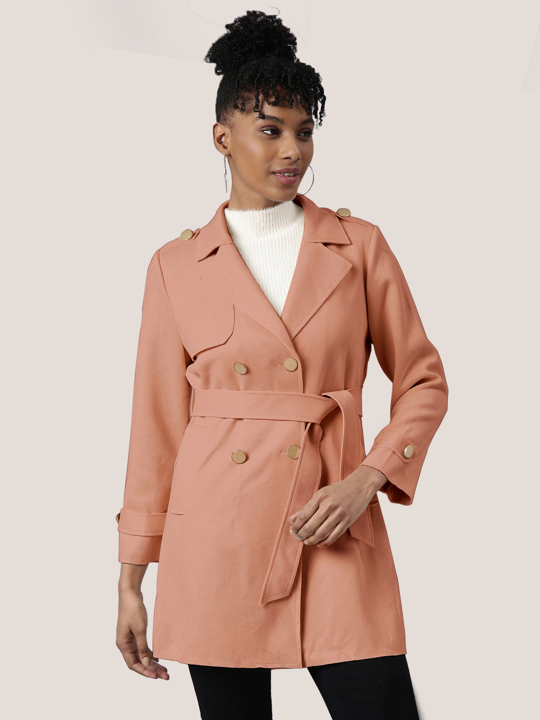 Women Solid Peach Longline Trench Coat with Belt