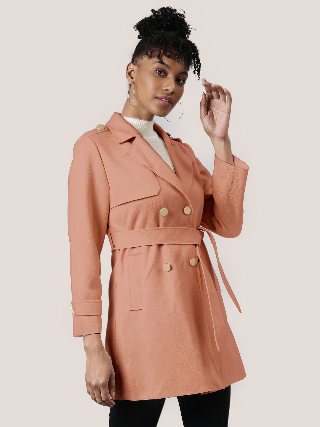 Women Solid Peach Longline Trench Coat with Belt