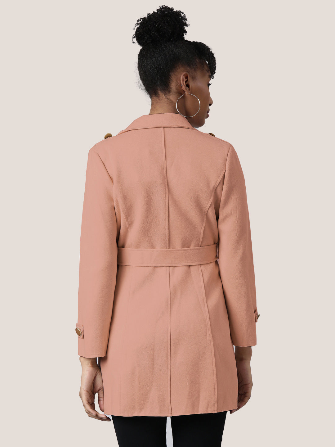 Women Solid Peach Longline Trench Coat with Belt