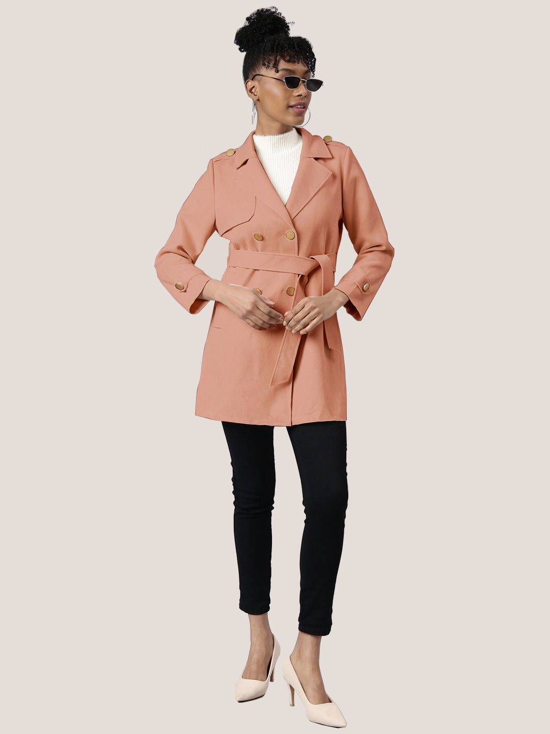 Women Solid Peach Longline Trench Coat with Belt