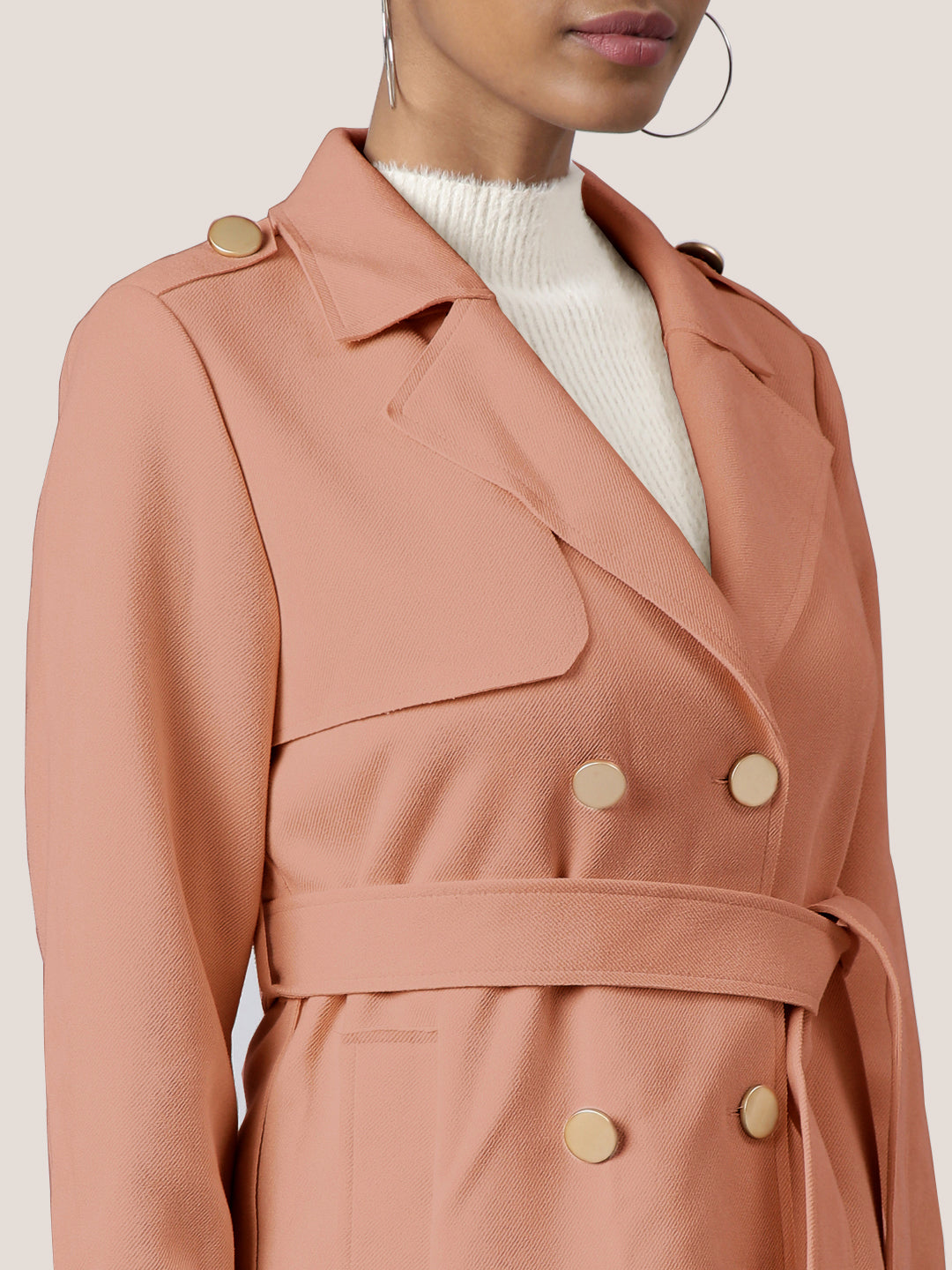 Women Solid Peach Longline Trench Coat with Belt