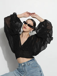 Women's Black V-neck Ruched Balloon Sleeve Top