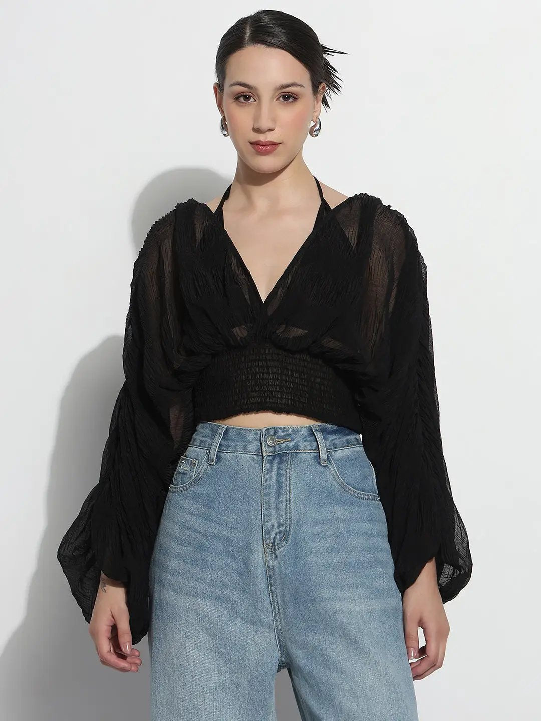 Buy Women's Black V-neck Ruched Balloon Sleeve Top | Showoffff