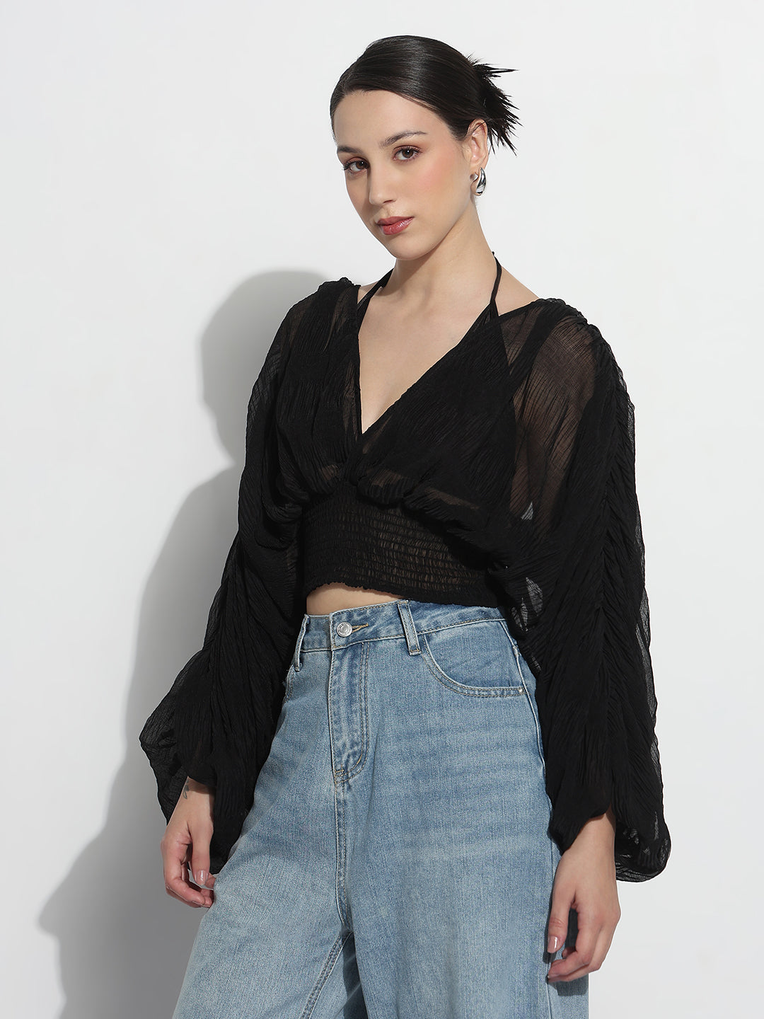 Women's Black V-neck Ruched Balloon Sleeve Top